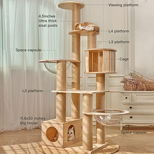 71" Tall Real Wood Cat Tree with 2 Space Capsule Beds