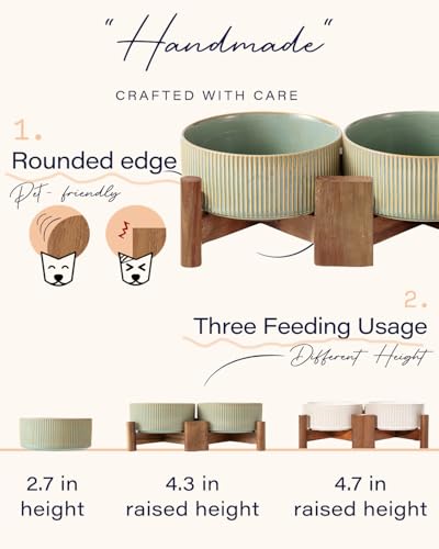 Ceramic Dog Bowls Set with Acacia Wood Stand (Large-3.5Cups / Vintage Grey)