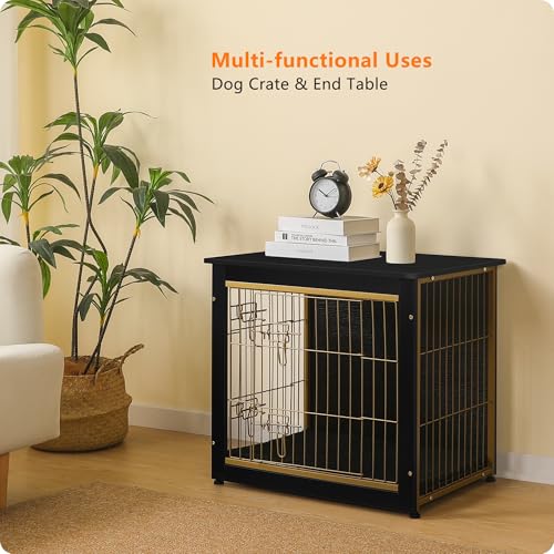 27" Dog Crate Furniture (Black+Gold / 27.2"L x 20.1"W x 23.6"H)