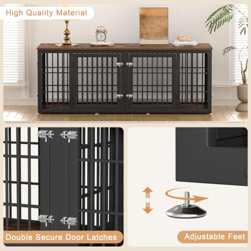 72" Heavy Duty Double Dog Crate Furniture for Large (Black + Rustic Brown / 72.8"L x 25.6"W x 27.5"H)