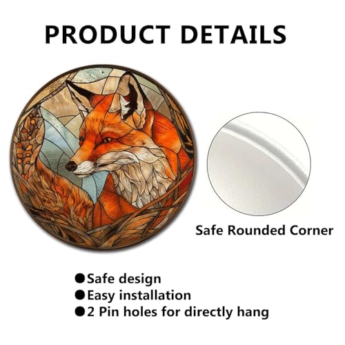 Metal Sign Tin Sign Circular Stained Glass Fox Gardening Decor Gift for Bar 8×8 Inches (8×8 Inches / Fox-2)