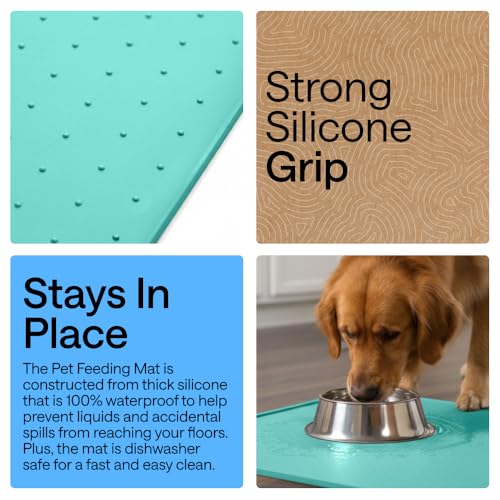 Dog Food Mat 100% Waterproof Silicone (Turquoise / 16"l X 10"w)