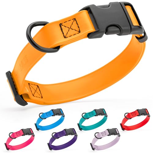 Biothane Waterproof Dog Collar with Quick Release Buckle Strong Coated Nylon Webbing with Odor (5/8"W by 10-14"L / Tangerine Orange)