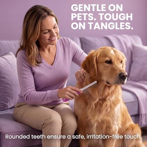Poodle Pet Detangling Pet Comb with Long & Short Stainless Steel Teeth for Removing Matted Fur (Purple / Detangling Pet Comb)