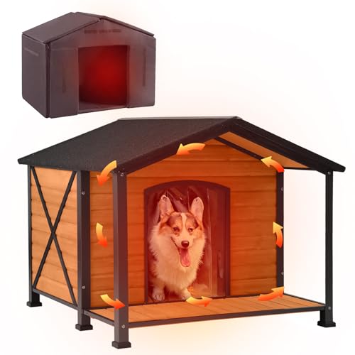 Large Insulated Dog House Outdoor Weatherproof with Iron Frame (41.6"L Insulated Brown)