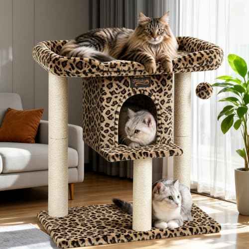 Cat Tree Tower Scratching Post for Indoor Large Adult Cats with Perch Bed (Leopard Print / 28 Inches)