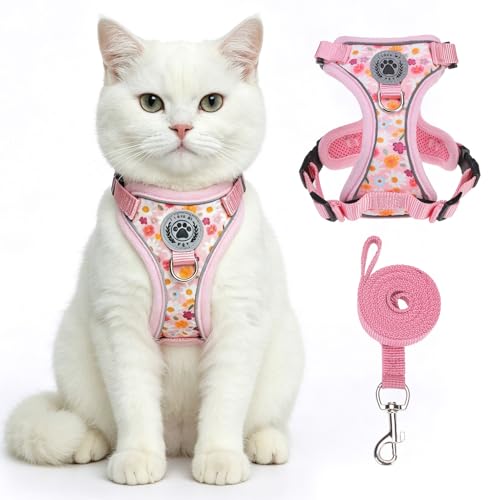 Cat Harness and Leash (Pink Flower / Medium (Chest: 16 - 20"))