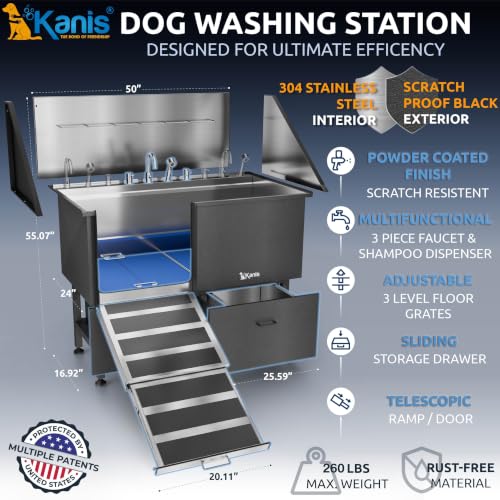 Professional Dog Washing Station 304 Stainless Steel Pet Wash Sink (Black, Left Ramp, 2 Drawer / 50 Inches)