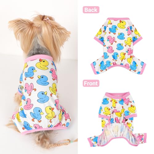 Dog Pajamas Small Sized Dogs Stretchable Summer Dog Clothes Pjs 4 Legs Girl Boy Cute Soft Puppy Outfits Doggie Cat Jammies Jumpsuit Sleeper for Pet (Duck / Small (Chest 13in ))