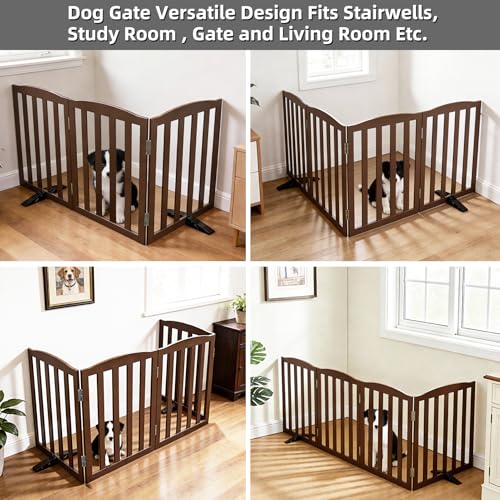 Foldable Freestanding Indoor Dog Gate for House Wood Long Pet Gates Dog Fence for Stairs Puppy Gates for Hallways (Brown / 【3 Panels】60''w X 32''h)