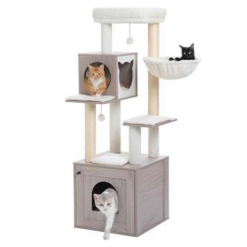 57.5" Cat Tree with Litter Box Enclosure (Grey / XL(18.9"L x 18.9"W x 57.5"H))