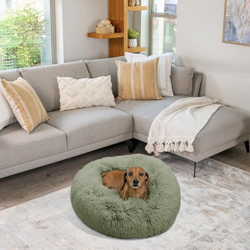 The Original Calming Donut Dog Bed for Small Dogs up to 25 lbs (Sage Shag / Small)