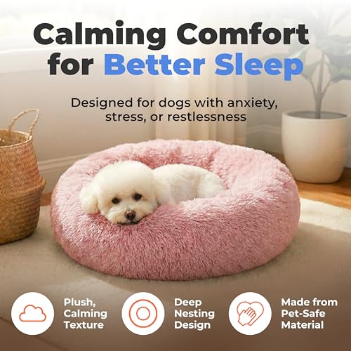 Round Calming Dog Bed for Small (Pink / 24" x 24" x 7")