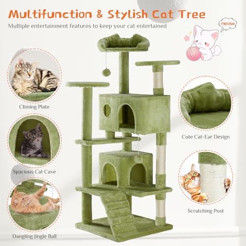54 Inch Cat Tree Tower with Natural Sisal Scratching Post (Green / 54IN)