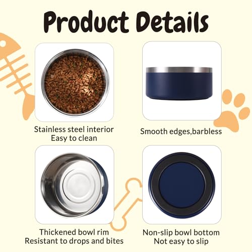 Custom Dog Bowl Personalized Dog Bowls with Name Stainless Steel Non (Navy / 32 oz (2.8x6.4in))