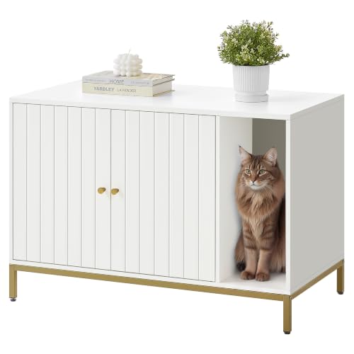 Cat Litter Box Enclosure (White + Gold / XL (35.4"l X 18.9"w X 24.2"h))