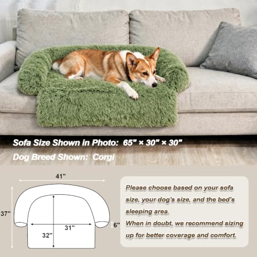Calming Dog Bed Fluffy Plush Dog Mat for Furniture Protector with Removable Washable Cover for Large Medium Small Dogs and Cats (Grass Green / 41.0"L x 37.0"W x 6.0"Th)
