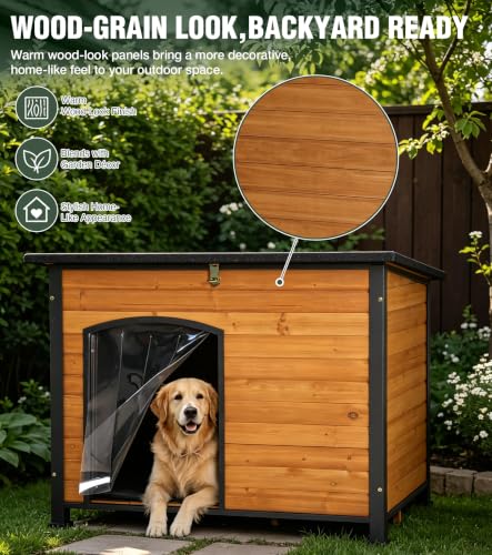 Large Dog House Outdoor with Iron Frame and Hinged Roof