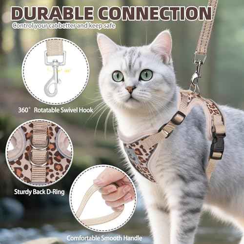Cat Harness and Leash Set Escape Proof Reflective Cat Walking Harness Adjustable Soft Breathable Mesh Vest for Small Pets (M (NECK 11"-13.7", CHEST 16"-20") / Khaki Leopard Print)