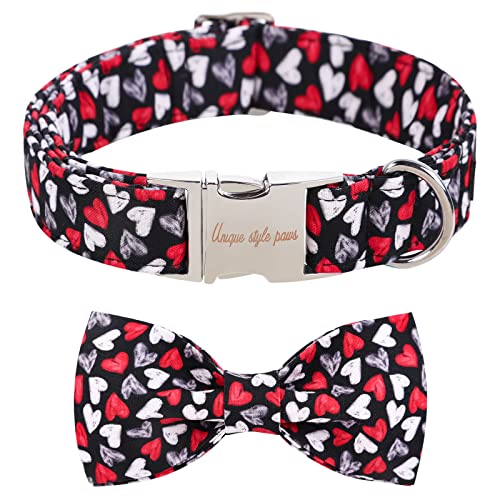 Valentine's Day Dog Collar with Bow Tie Black & Red Heart Puppy Collar Best Gothic Style Gift for Small Medium Large Boys Girls (X-Large / Gothic Love)