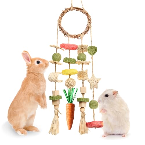 Rabbit Chew Toys Bunny Cage Hanging Toy and Treats Rattan Ring with Snacks for Rodent Pets Teeth Healthy (1 count)
