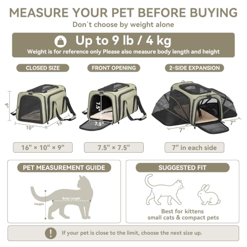 Small Double Expandable Cat Carrier for Kittens and Air Travel (16.0"L x 10.0"W x 9.0"H / Green)