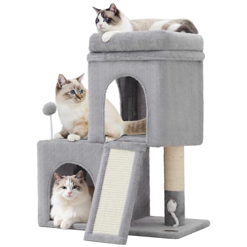 24inch Tall Cat Tree with 2 Cat Condo and Mouse Toy Cozy Small Cat Tower with Scratching Post and Board for Kitties and Small Cats.（Light Grey） (22*13*28)