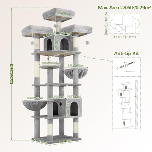 Cat Tree Tower for Multiple Adult Cats (82 inch / Light Grey)