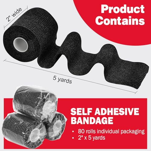 80 Pack Self Adhesive Bandage Wrap Black (Black / 2IN - 80Pack)