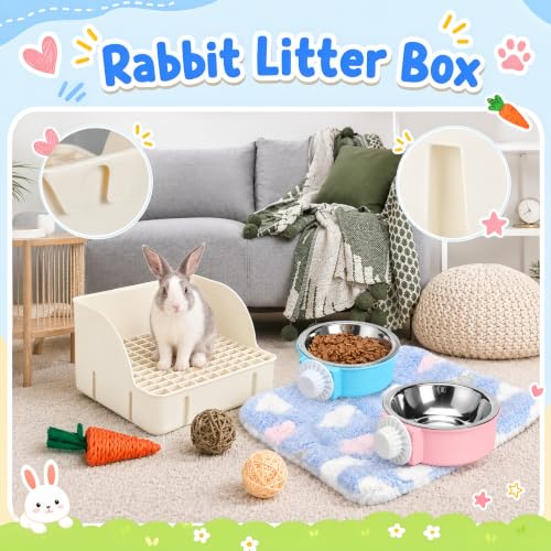 15 Pcs Rabbit Starter Kit Small Rabbit Litter Box Girls Gift Animal Grooming Kit Bunny Toys Bowl Blankets with Cleaning Set for Guinea Pig Accessories (Cream White)