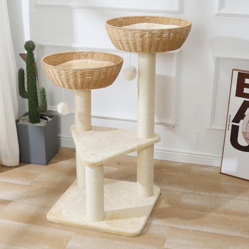 Cat Tree Tower with Rattan Wicker Basket (2 baskets)