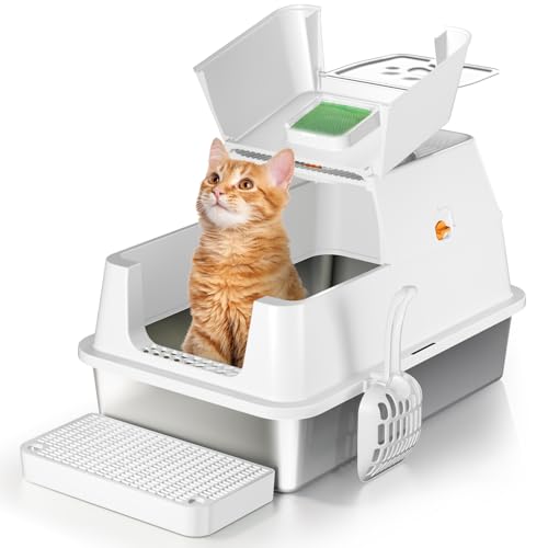 Stainless Steel Cat Litter Box with Lid (White)