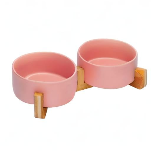 Ceramic Dog and Cat Bowl with Wood Stand Non (3.6 cups / Pink × 2)