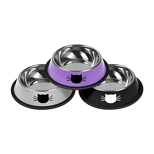 3Pcs Cat Bowls Non (Silver, Purple,Black / 13 oz)