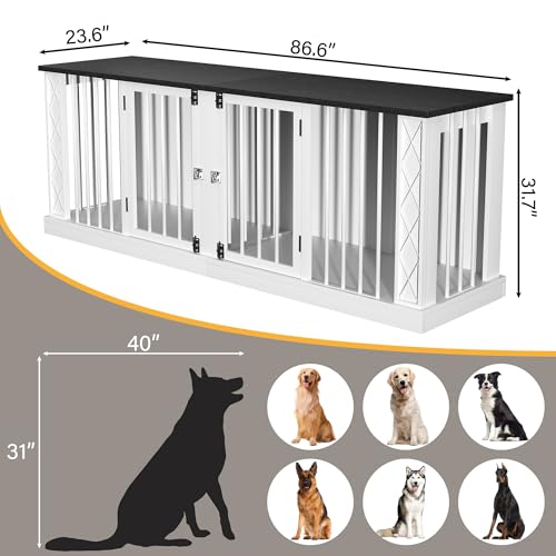 86.6" Double Dog Crate Furniture for 1 or 2 Dogs (White / 86.6"L x 23.6"W x 31.5"H)