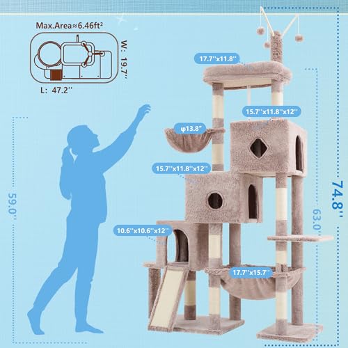 Cat Tree Tower with 3 Condos (74.8 inches / Muchroom)