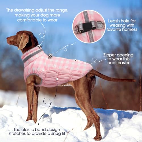 Dog Winter Coat Fleece Warm Small Dog Coat with Harness Built in (Pink Plaid / XS(chest:14in))