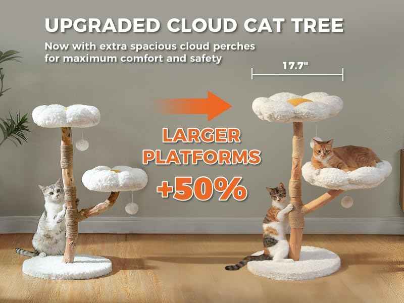 Modern Flower Cat Tree with Real Wood Branches & 2 Balls (Cloud White / 37.5" Solid Wood Cat Tree)