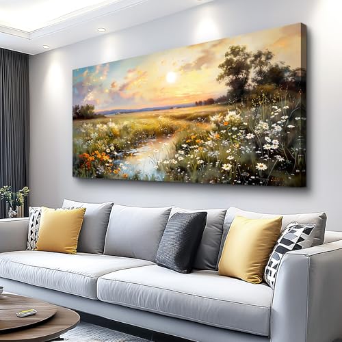 Large Canvas Wall Art for Living Room Wall Decor Bedroom Vintage Farmhouse Wildflower Wall Painting Office Decorations Nature Landscape Picture Artwork Aesthetic Home Decor Ready To Hang (60"L x 30"W / Rural Scenery)