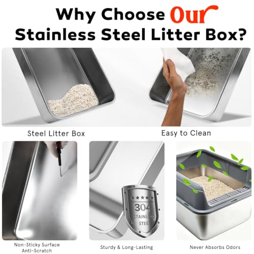 Stainless Steel Sifting Litter Box for Pine Pellets (Grey / Medium(17.4"x13.2"x10"))
