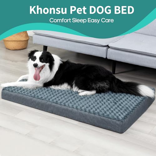 Dog Bed Mat Plush 3.5in Orthopedic Pad for Large Dogs up to 90 lbs Waterproof Removable Cover Machine Washable for Extra Large Dogs (Gray-Blue / XL)