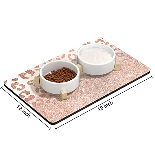 Dog Food Mat 12" x 19" Leopard Absorbent Dog Cat Bowl Mat for Food and Water (Rose Gold Leopard Print / 19"L x 12"W)