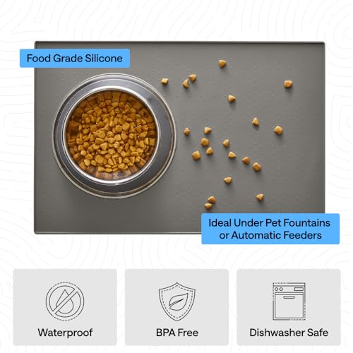 Dog Food Mat 100% Waterproof Silicone (Gray / 32"l X 24"w)