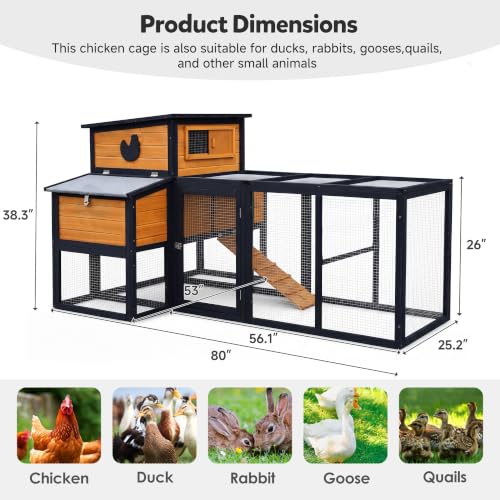 80" Large Wooden Chicken Coop with Run (79.9"L x 51.8"W x 38.4"H)