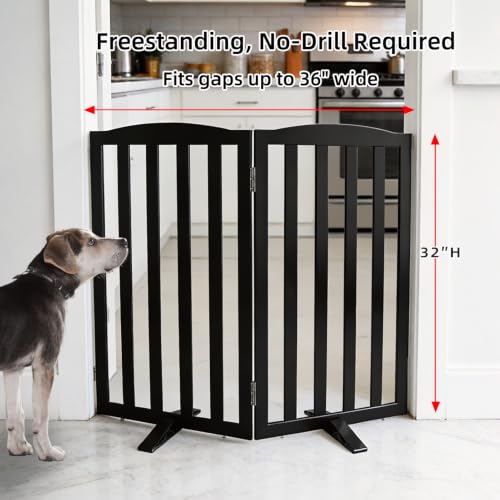 Foldable Freestanding Indoor Dog Gate for House Wood Long Pet Gates Dog Fence for Stairs Puppy Gates for Hallways (Black / 【2 Panels】40''w X 32''h)