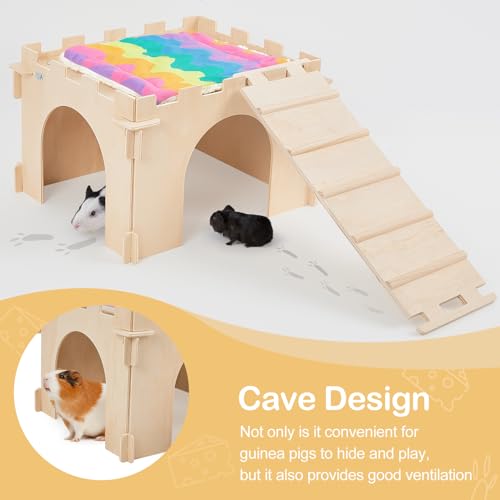 1 Pack Wooden Guinea Pig Hideout House with Stairs & Mats (1 House / Wood Color)
