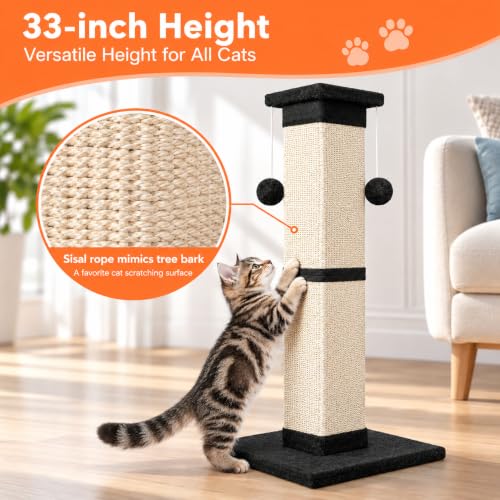 Cat Scratching Post 33 Inch Nature Sisal Cat Scratch Post for Indoor Cats (Black)