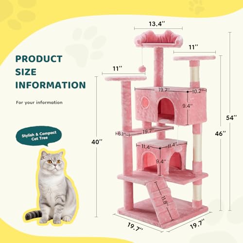 54 Inch Cat Tree Tower with Scratching Posts (Pink / 54'' × 20'' × 20'')