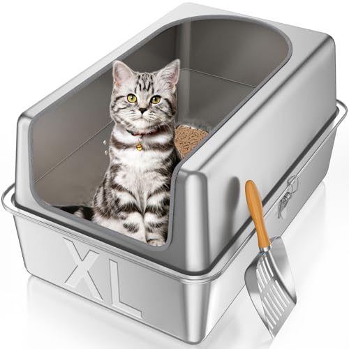 12'' High Sides XL All Stainless Steel Cat Litter Box with Lid (XL:23.6''×15.8''×12'')