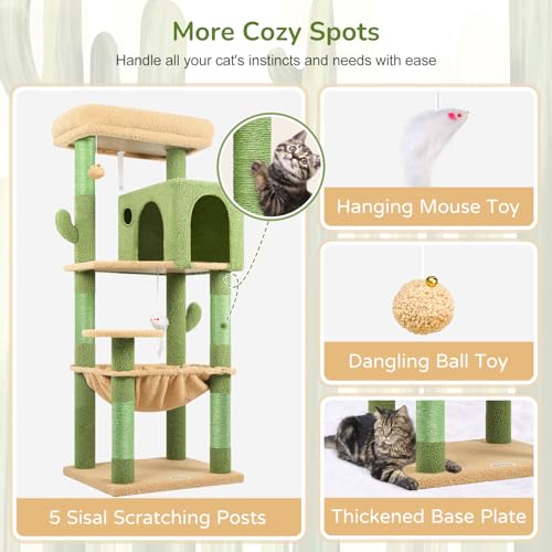 Cactus Cat Tree Tower with Scratching Post for Indoor Cats (Green / L)